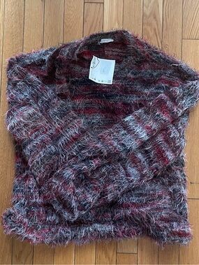 Zara Trafaluc Fuzzy Wrap Sweater Red Grey Striped Size S NWT